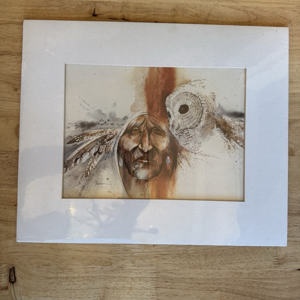 Bert Dail Seabourn Signed Native‎ American Print Elder & Owl 9x12 Matted 16x20